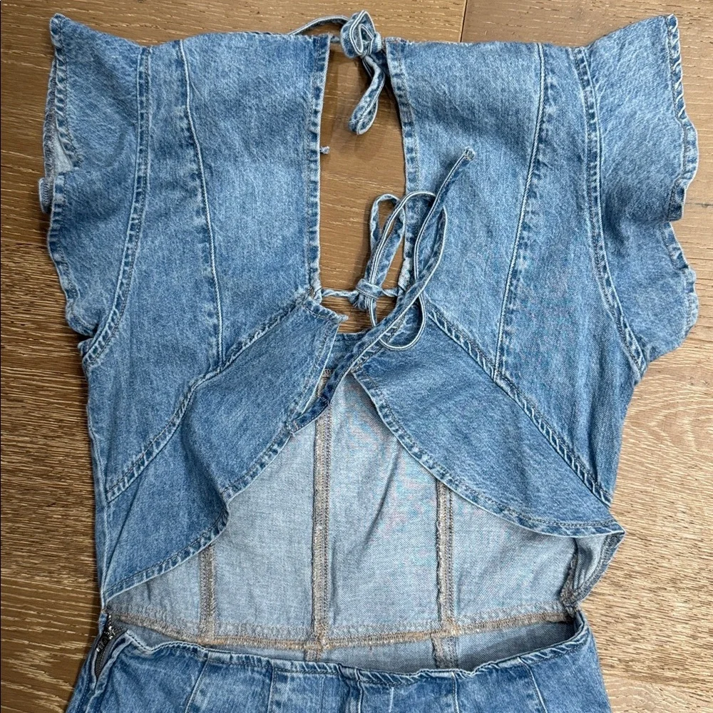 We The Free Free People Denim Tie Front Ruffle Sleeve Wide Leg Jumpsuit Size S - Picture 5 of 6